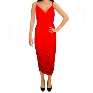 AVA + ESME lipstick red poly/spandex ruched midi dress. Size Large. NWT.